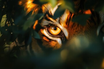 Poster - Close-up of a tiger's eye peering through foliage. (2)