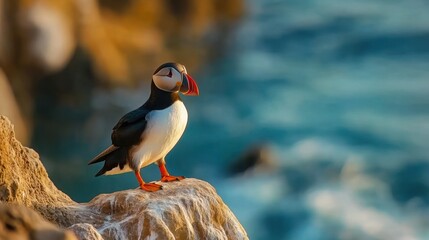 Poster - Atlantic puffin perched on a rock near the ocean at sunset.