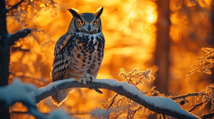 Poster - Majestic great horned owl perched on a snow-covered branch at sunset in a winter forest.