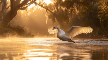 Poster - Majestic swan taking flight at sunrise over calm river, golden light.