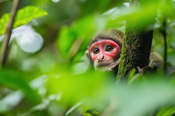 Poster - A curious monkey peeks from behind lush green leaves in a tropical forest.