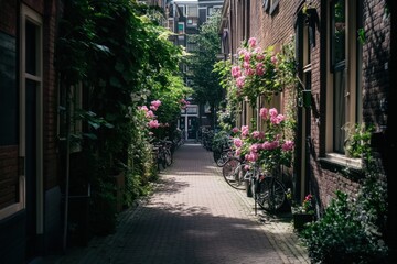 Poster - Sunlit brick alleyway with pink flowers, lush greenery, and parked bicycles.