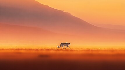 Sticker -   A lone cheetah walks through tall grass, with a mountain in the background