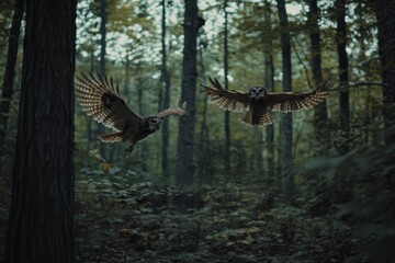 Poster - Two owls in flight through a dark, lush forest.