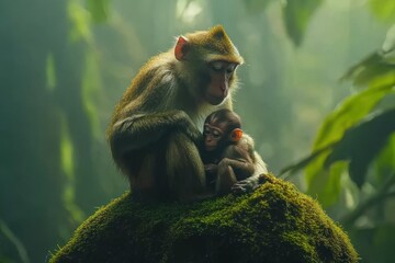 Poster - Mother monkey tenderly cradles her infant on a mossy rock in a lush green jungle.
