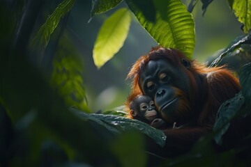 Poster - Orangutan mother tenderly cradles her infant amidst lush rainforest foliage.