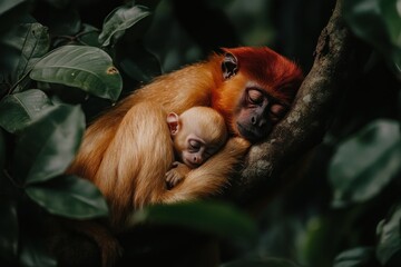 Poster - A mother red leaf monkey cradles her baby while sleeping in a lush rainforest.
