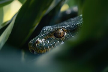 Poster - Green snake's head peeking from lush green foliage, close-up.
