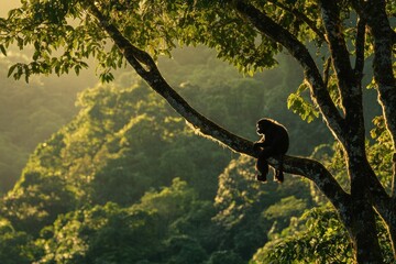 Poster - Silhouette of a monkey perched on a tree branch at sunset, overlooking a lush green forest.