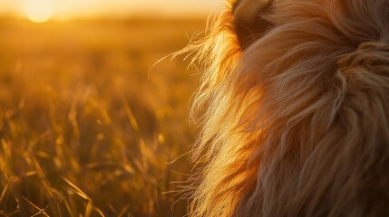 Aufkleber - Golden fur of a dog backlit by sunset in a field.