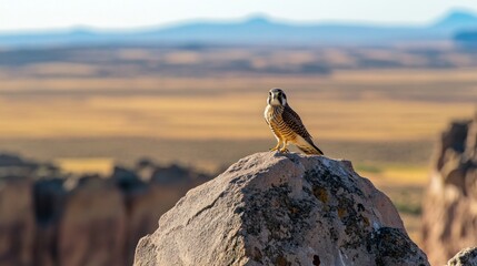 Aufkleber - A falcon perched atop a rock formation in a vast, arid landscape.