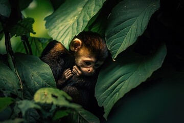 Poster - A small monkey sits nestled amongst large green leaves in a rainforest.