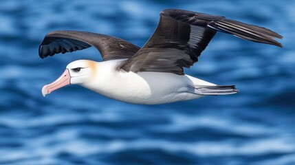 Poster - A white and black albatross in flight over deep blue ocean waves.