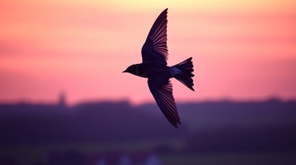 Aufkleber - Silhouette of a bird in flight at sunset, against a hazy landscape.