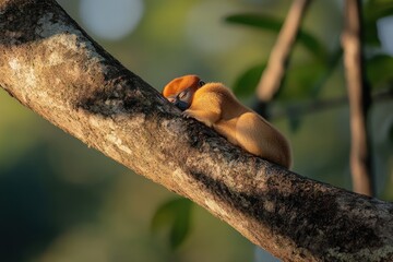 Poster - A golden-furred monkey naps peacefully on a tree branch in the dappled sunlight of a lush forest.