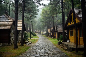Poster - Misty forest path leads to charming wooden cabins.