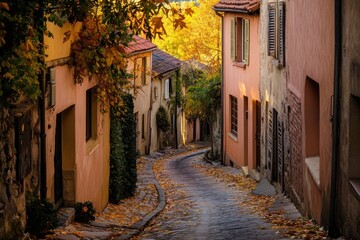 Poster - Picturesque autumnal street scene in a quaint European village with colorful buildings, foliage, and cobblestone road.