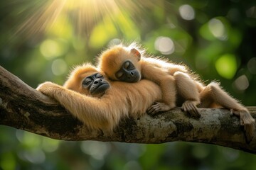Poster - A mother and baby gibbon snuggle together, sleeping peacefully on a tree branch in a sunlit forest.
