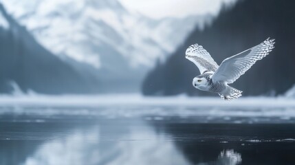 Aufkleber - Snowy owl in flight over a frozen lake with mountains in the background.