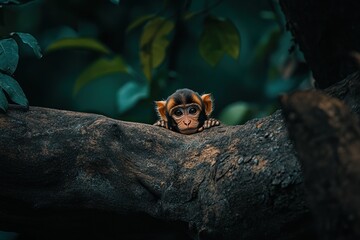 Poster - Adorable baby monkey peeking from a tree branch in lush green forest.