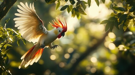 Aufkleber - A vibrant Sulphur-crested Cockatoo in flight, wings spread wide, amidst lush green foliage, bathed in sunlight.