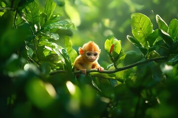 Poster - Adorable golden monkey baby clinging to a tree branch amidst lush green foliage in a sunlit forest.