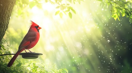 Aufkleber - A vibrant male northern cardinal perched on a feeder, sunlight streaming through leaves.