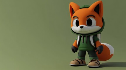 Aufkleber - Adorable 3D rendered fox character wearing a green hoodie and backpack, standing against a muted green background.