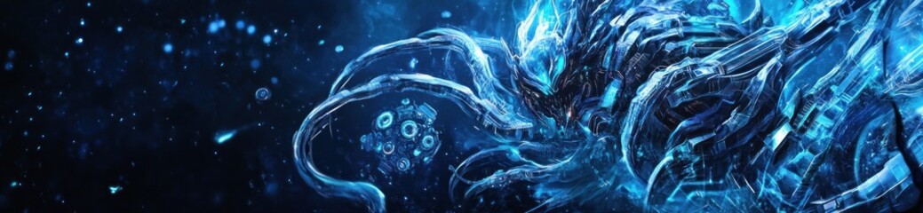 Aufkleber - Abstract blue energy swirls and glowing particles background.