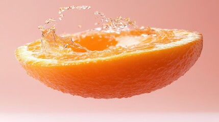 Aufkleber - Juicy orange slice with splashing water droplets against a pink background.