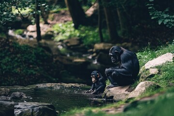 Poster - Adult and baby chimpanzee by a stream in a lush forest.