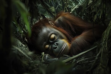 Poster - A Bornean orangutan sleeps peacefully nestled amongst lush green foliage.