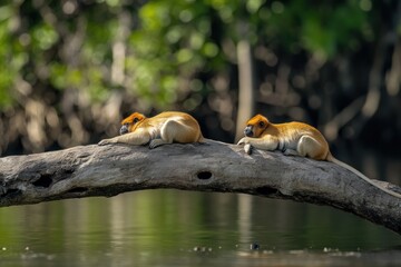 Poster - Two proboscis monkeys resting on a log over water in a lush green forest.