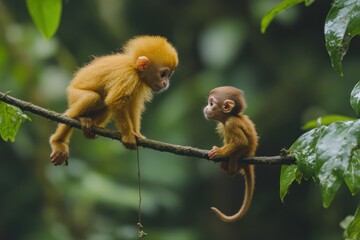 Poster - Two adorable golden monkey infants perched on a tree branch in a lush green forest, looking at each other.