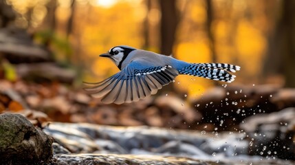 Poster - Blue jay in flight over autumn stream, splashing water.