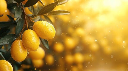 Wall Mural - Ripe lemons on a tree branch with water droplets, sunny orchard background.