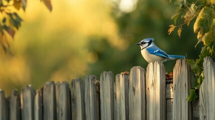 Poster - Blue jay perched on a weathered wooden fence, bathed in warm golden sunlight.
