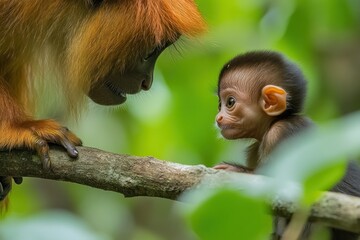 Aufkleber - Red leaf monkey mother tenderly gazes at her infant clinging to a branch in lush green foliage.