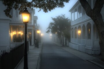 Aufkleber - Foggy street scene at night with illuminated houses and lampposts.
