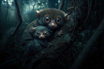 Poster - Two tarsiers clinging to a tree trunk in a dark rainforest.