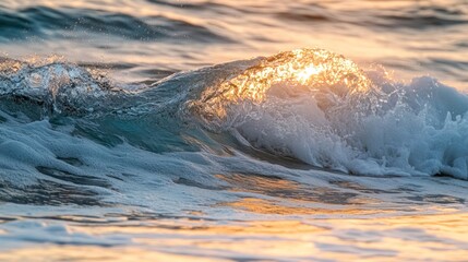 Poster - Close-up of an ocean wave breaking at sunset, sunlight shining through the translucent water.