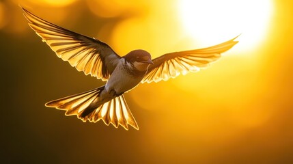 Aufkleber - A bird in flight, wings spread wide, silhouetted against a bright, golden sun.