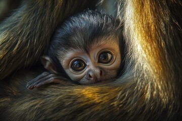 Poster - Adorable baby monkey nestled safely between its mother's legs, showing large eyes and tiny hands.
