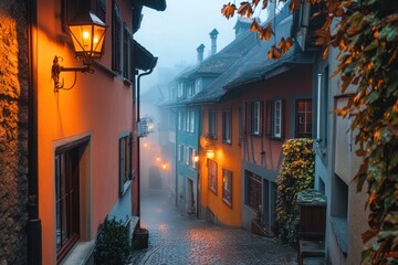 Aufkleber - Misty cobblestone street with colorful historic buildings and old-fashioned lamps.