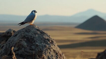 Aufkleber - A falcon perched on a rock in a vast, arid landscape with distant mountains.