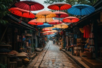 Aufkleber - Colorful umbrellas hang over a stone street market with shops and goods.