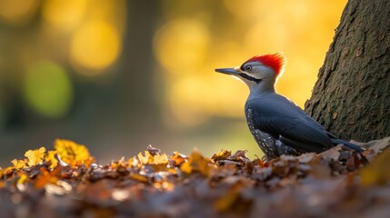 Poster - Pileated woodpecker perched on autumn leaves near a tree trunk, backlit by golden sunlight.