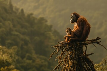 Poster - Orangutan mother and baby perched atop a weathered tree stump, overlooking a lush forest landscape at sunset.