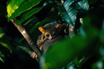 Poster - Adorable baby tarsier clinging to its mother amidst lush green foliage.