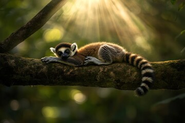 Poster - Ring-tailed lemur sleeping peacefully on a tree branch in sunlight.